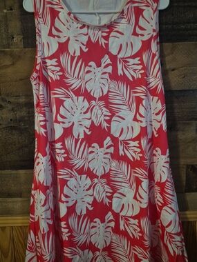 Sleeveless Coral Tropical Print A-Line Dress - White Leaf Pattern